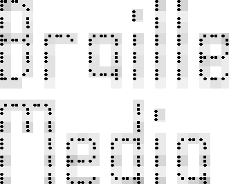 A series of small black circles and squares are laid out mostly linearly to form the words Braille Media. These words are highlighted by a shadowy grey band background made up of joined up squares. 