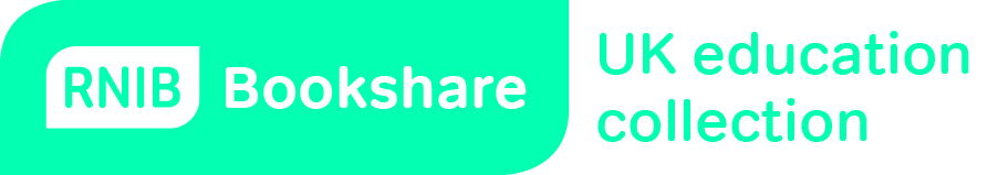 turquoise and white lonzenge logo, text reads 'RNIB Bookshare education collection' 